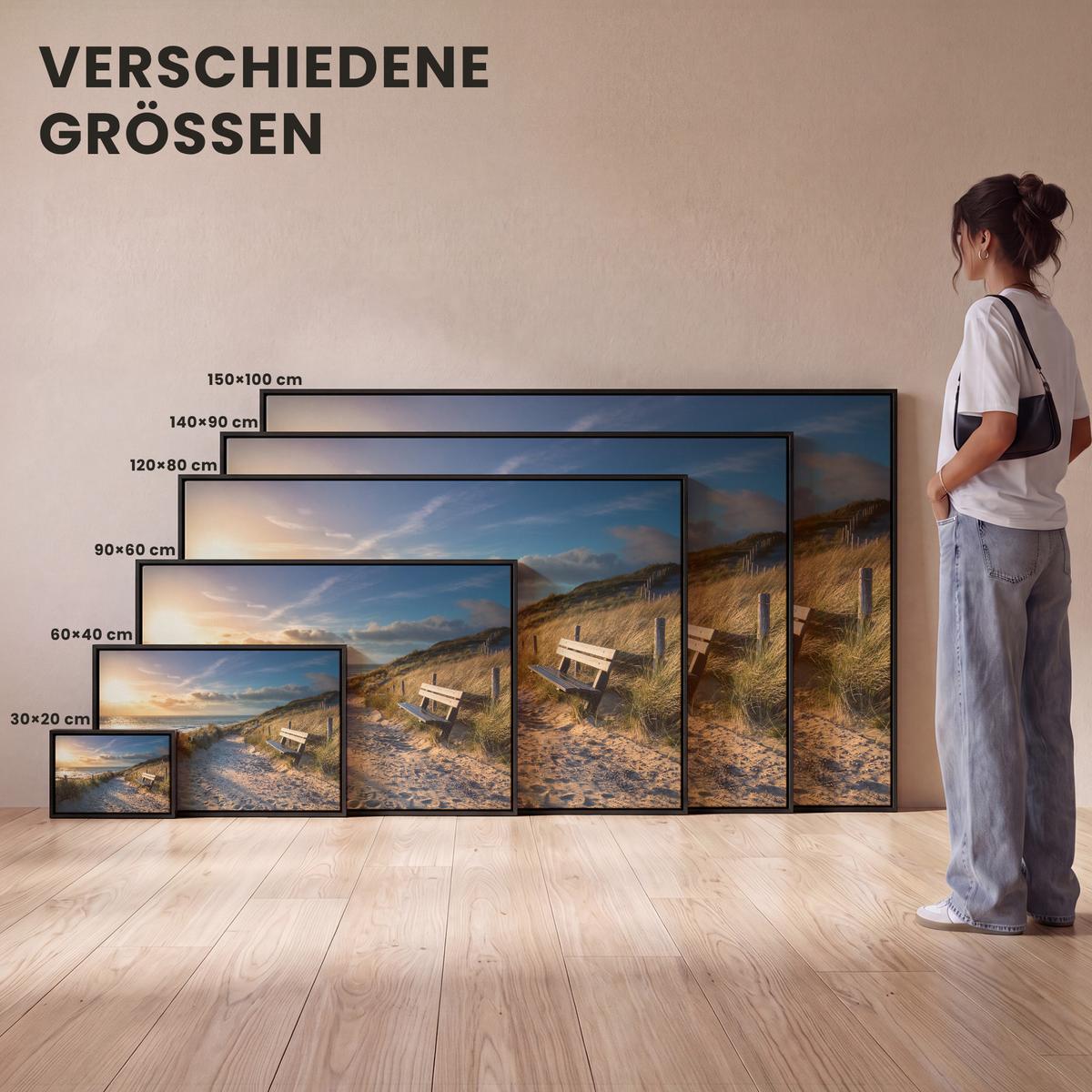 LEINWAND Bilder mit Rahmen - Sonnenuntergang - Strand - Düne - Gras - Ufer - 120x80 - Sandfarben, Textil (120/80cm) - MuchoWow