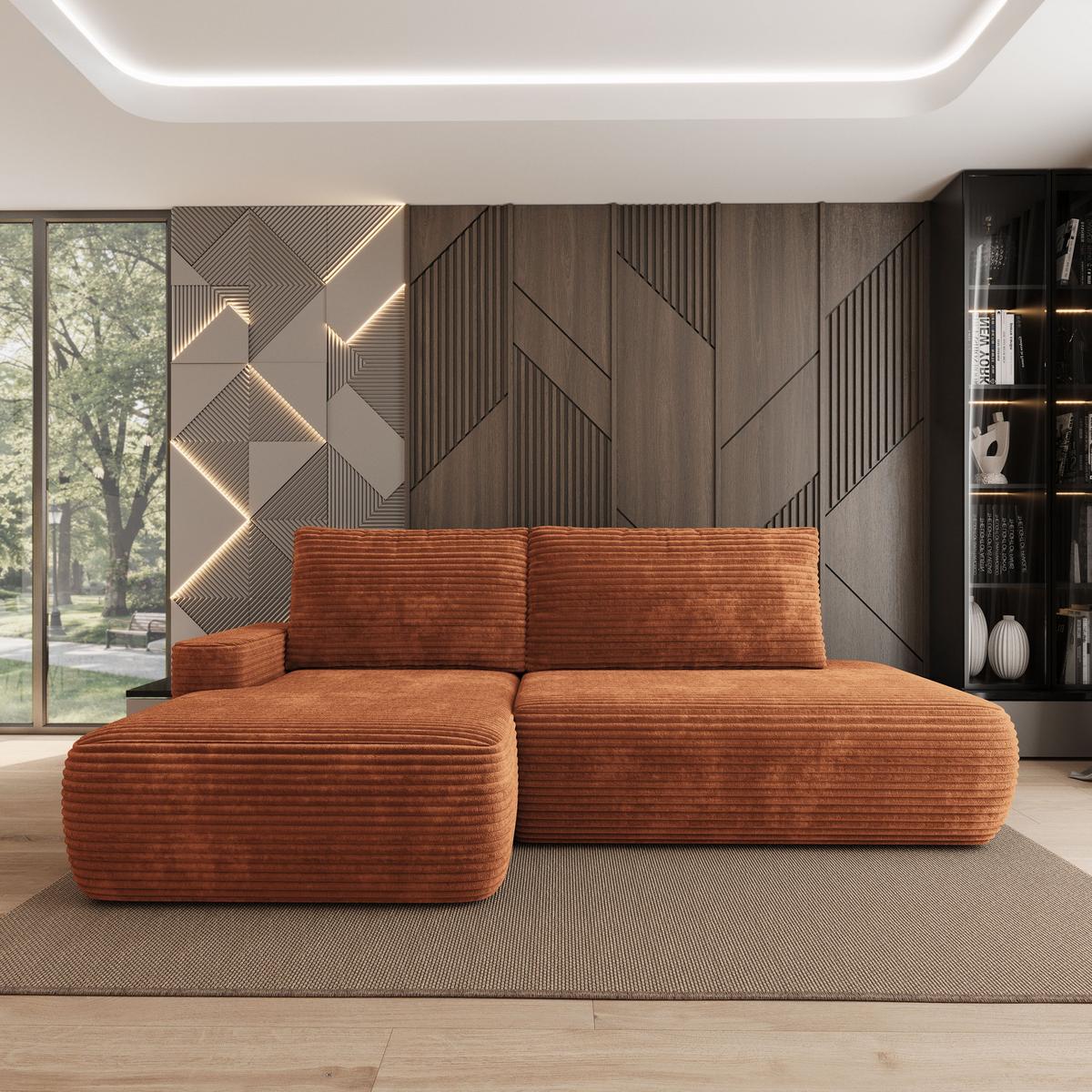 ECKSOFA AVINI T L-S Braun Kordstoff mit Schlaffunktion - Braun, Holzwerkstoff/Textil (277/160cm) - MASSENO