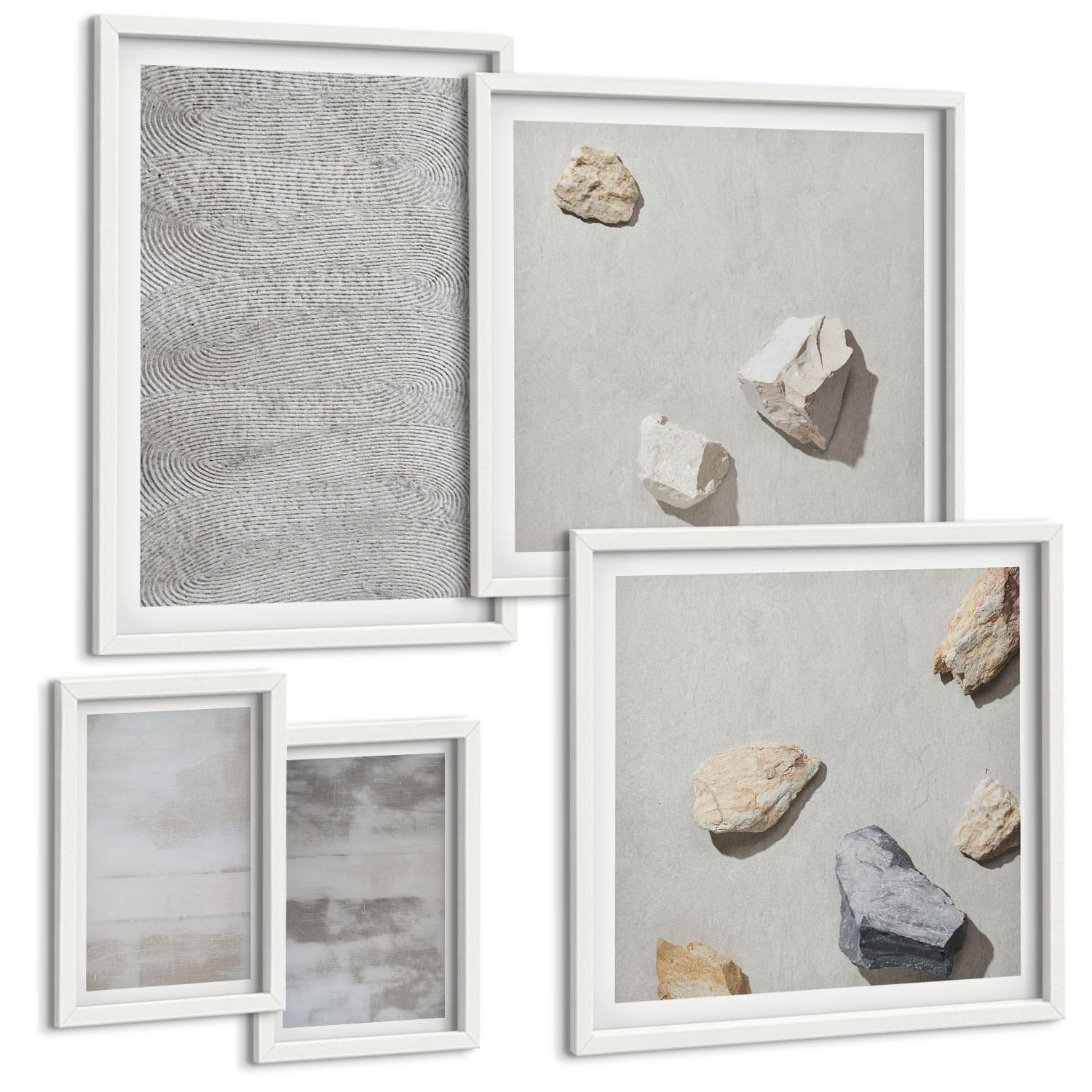 BILDER SET 5er Set - 50x50 cm & 20x30 cm & 40x60 cm Weißer Rahmen - Moderne minimalistische Texturen - Weiß, Kunststoff (40/60cm) - TULUP