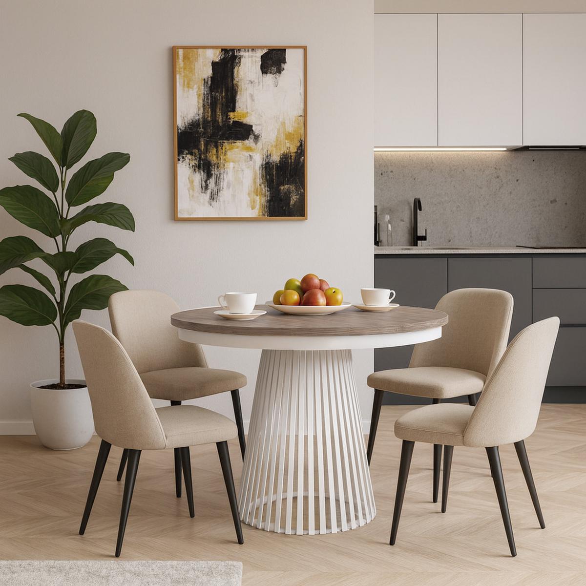 ESSTISCH Lumi, Runder, ausziehbar auf 180 cm, mit Metallbeinen, Walnussfarben+Weiß - Kaschmir/Walnussfarben, Metall (100/100/77cm) - Beautysofa