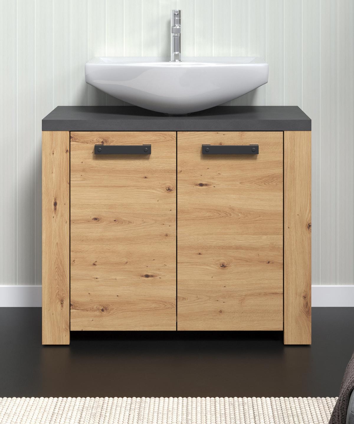 WASCHBECKENUNTERSCHRANK Eiche Artisan, grau 79 x 67 cm, Badezimmer Unterschrank 2-türig - Eichefarben/Schwarz, Holzwerkstoff/Kunststoff (35/67/79cm) - Top.Furn