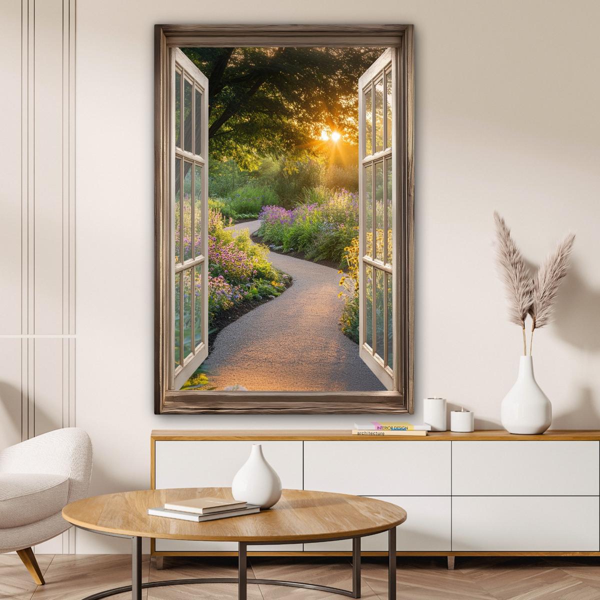 LEINWANDBILD Aussicht - Blumen - Natur - Sonne - Weg Deko XXL 80x120 cm - Hellgelb, Textil (80/120cm) - MuchoWow