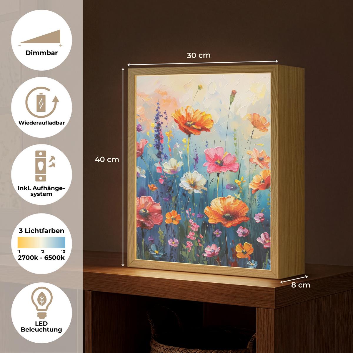 WANDLEUCHTE MIT AKKU Blumen - Natur - Aquarell - Kunst 30x40 cm - Multicolor, Holzwerkstoff (30/40/8cm) - OnlyWow