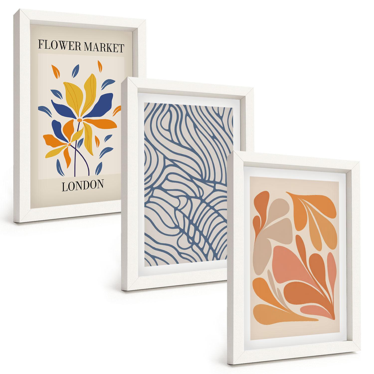 BILDER SET 3er Set - 20x30 cm Weißer Rahmen - Moderne abstrakte Blumen - Weiß, Kunststoff (20/30cm) - TULUP