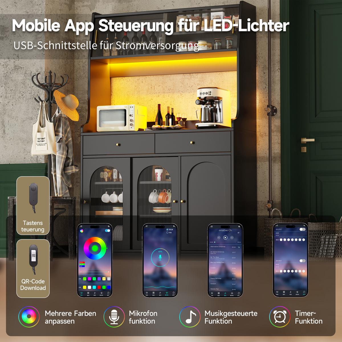 BUFFETSCHRANK schwarz mit glastüren 180 cm hoch mit app-led & 2 schubladen - Schwarz, Holzwerkstoff (120/180/40cm) - Urban Meuble