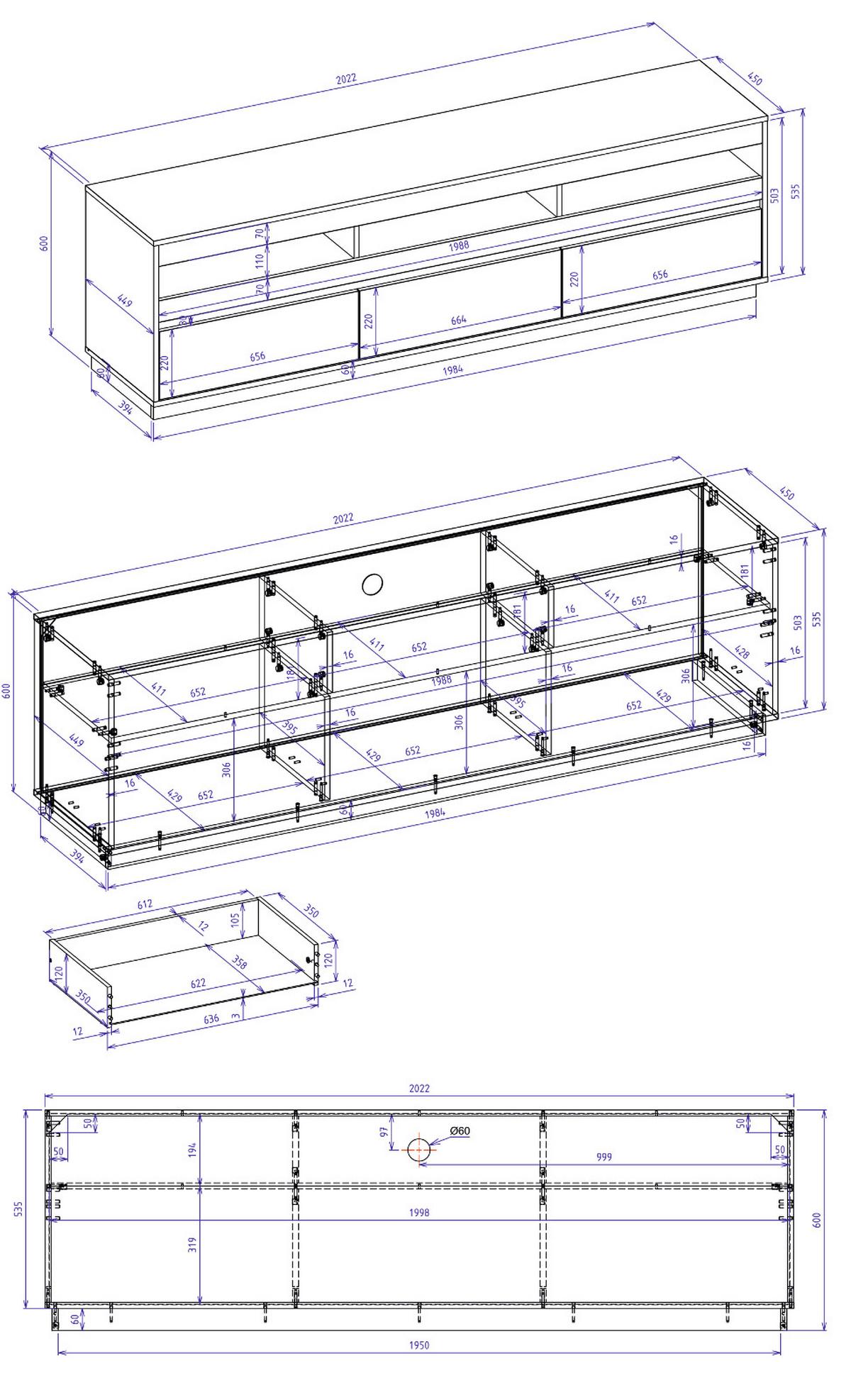 TV-LOWBOARD Kaschmir Sand und Eiche Artisan 202 cm, TV Unterschrank mit Schubkästen - Kaschmir/Eiche Artisan, Holzwerkstoff/Metall (202/60/45cm) - Furn.Design