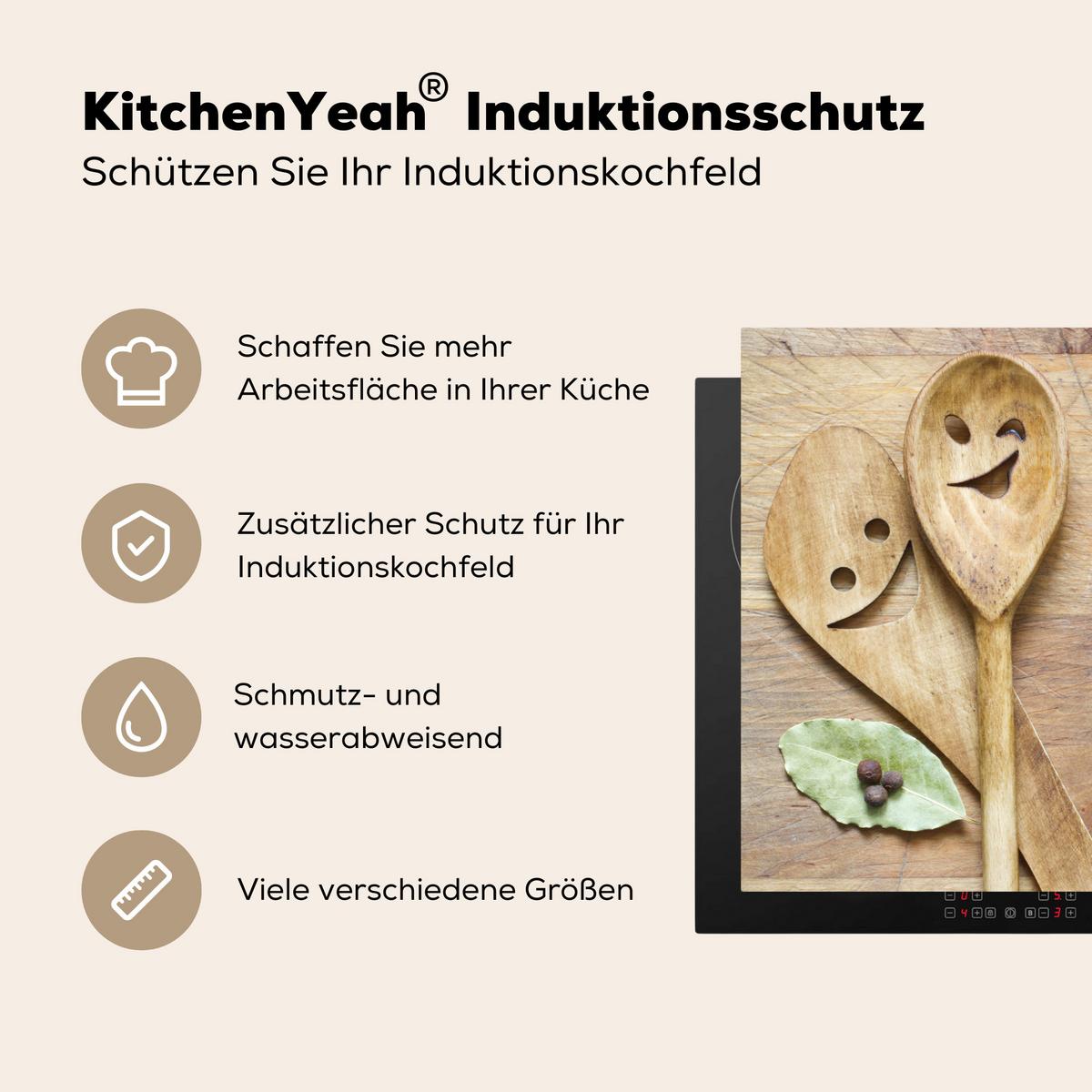HERDABDECKPLATTE Holz - Löffel - Braun - Smiley Abdeckung Ceranfeld 81.2x52 cm - Hellbraun, Kunststoff (81.2/52/0.2cm) - MuchoWow