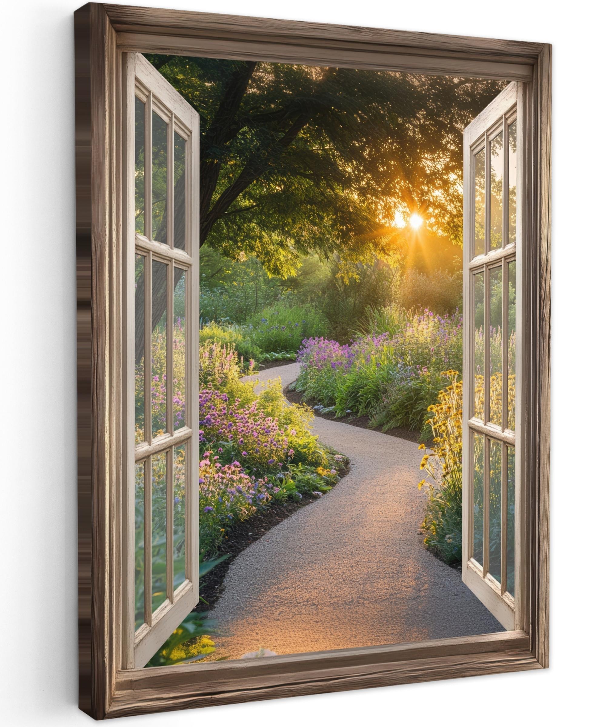 LEINWANDBILD Aussicht - Blumen - Natur - Sonne - Weg Wandbild Wohnzimmer 60x80 cm - Hellgelb, Textil (60/80cm) - MuchoWow