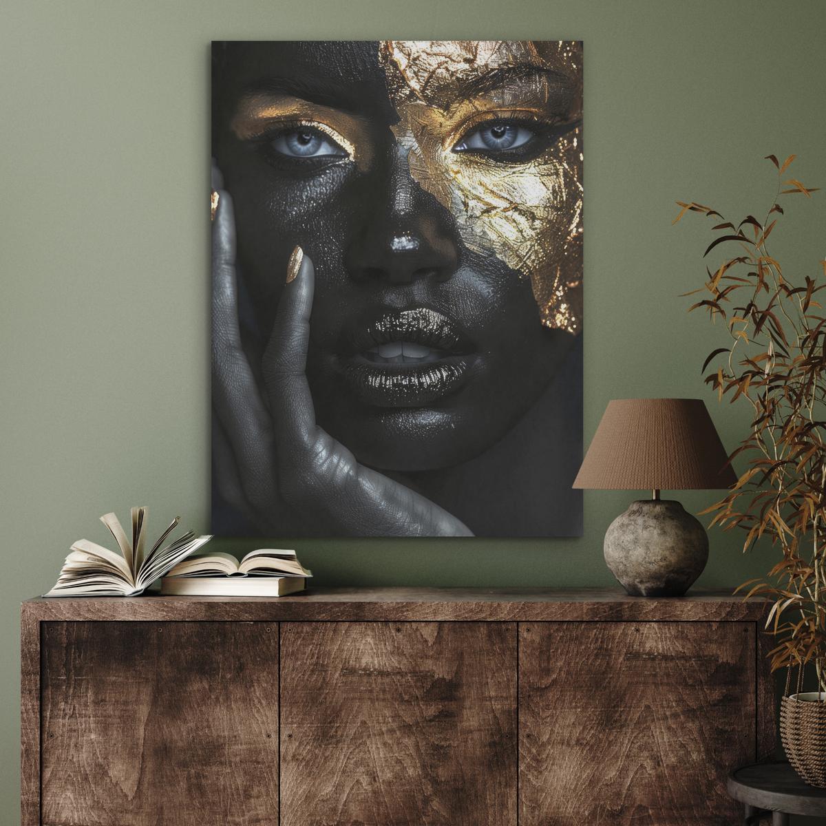 AKUSTIKBILD Frau - Gold - Porträt - Schwarz-Weiß - Luxus Wandbilder 60x80 cm - Hellblau, Kunststoff (60/80/0.9cm) - MuchoWow