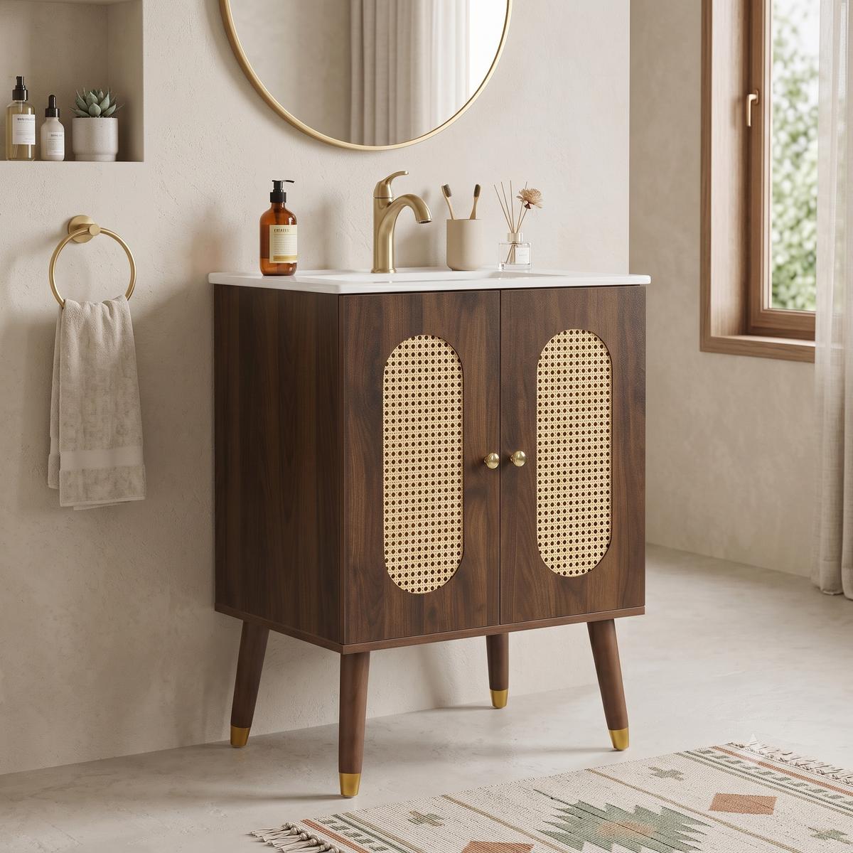 WASCHTISCHUNTERSCHRANK Walnuss mit Rattan-Türen & Keramikbecken - Walnussfarben, Holzwerkstoff (61/89/47cm) - Urban Meuble