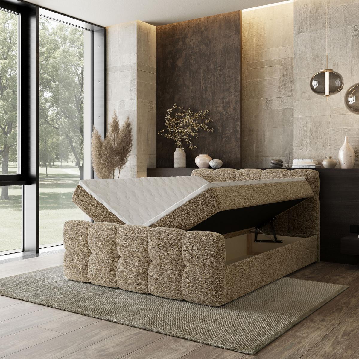 BOXBETT BRUME 160x200 cm mit Matratze und Topper, H2+H3 - Beige - Beige, Holz (160/200cm) - MASSENO