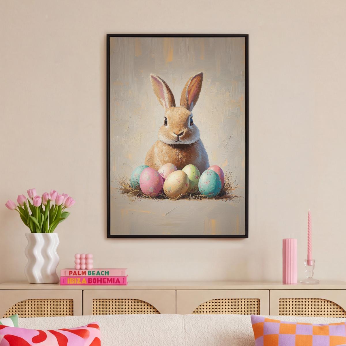 LEINWAND Bilder mit Rahmen - Osterhase - Pastell - Eier - 60x90 - Beige, Textil (60/90cm) - MuchoWow