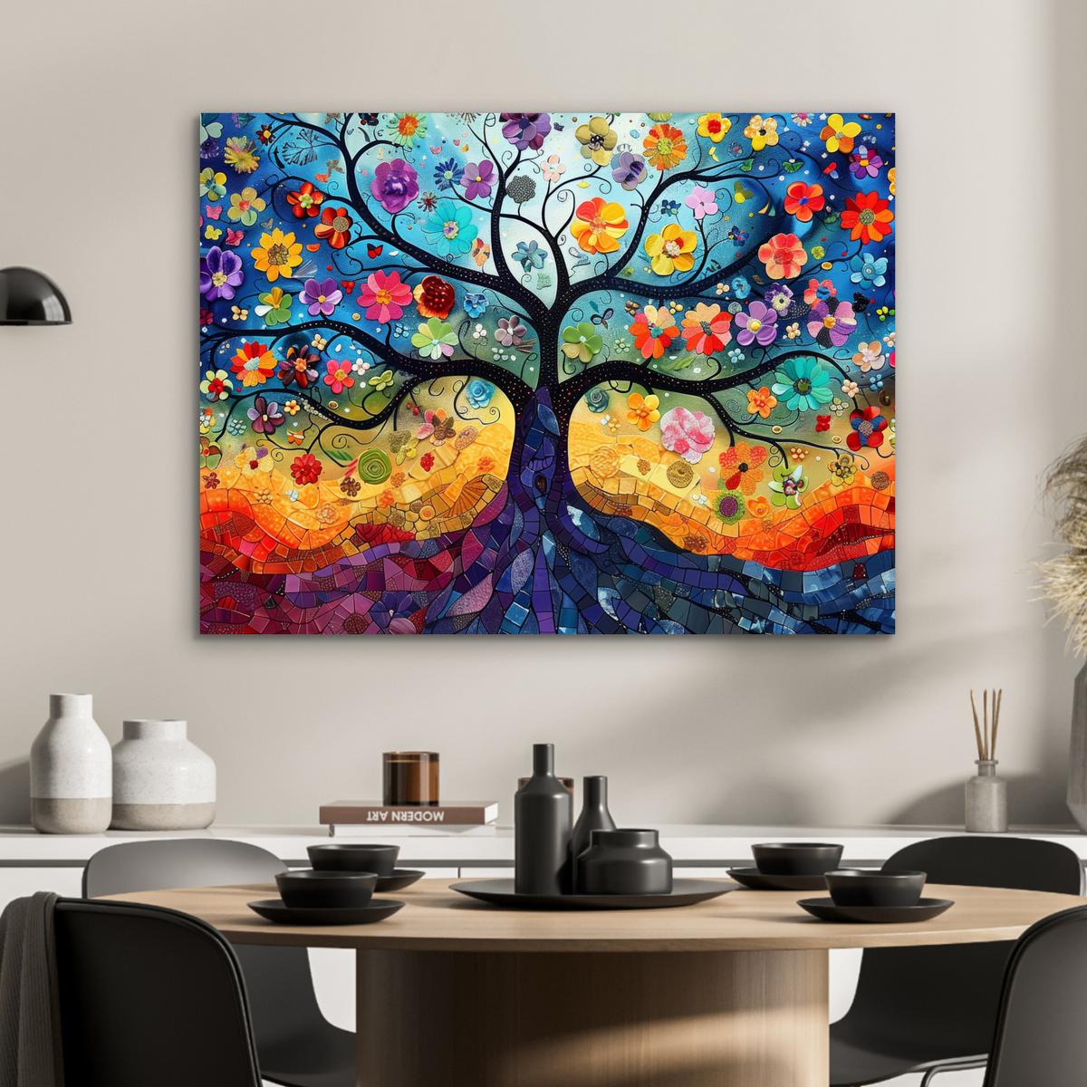 METALLBILD Kunst - Baum des Lebens - Blumen - Hippie 80x60 cm - Dunkelblau, Metall (80/60cm) - MuchoWow