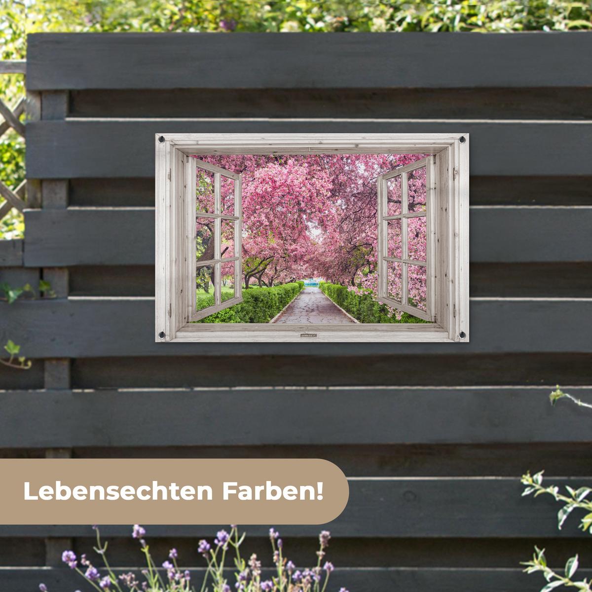 GARTENPOSTER Japanisch - Sakura - Blüte - Baum - Blütenzweige - Durchsichtig Gartendeko 90x60 cm - Rosa, Kunststoff (90/60/0.2cm) - OnlyWow