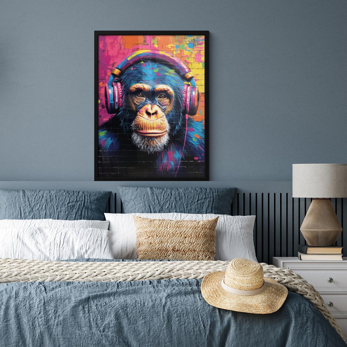 POSTER MIT RAHMEN Graffiti - Schimpanse - Straßenkunst - Kopfhörer - Affe Posterleiste 60x80 cm - Blau, Papier (60/80cm) - MuchoWow