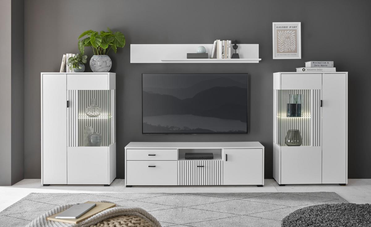 WOHNWAND 4-teilig weiß matt, Wohnkombination 320 x 170 cm mit viel Stauraum und Soft-Close - Schwarz/Weiß, Glas/Holzwerkstoff (320/180/42cm) - Furn.Design