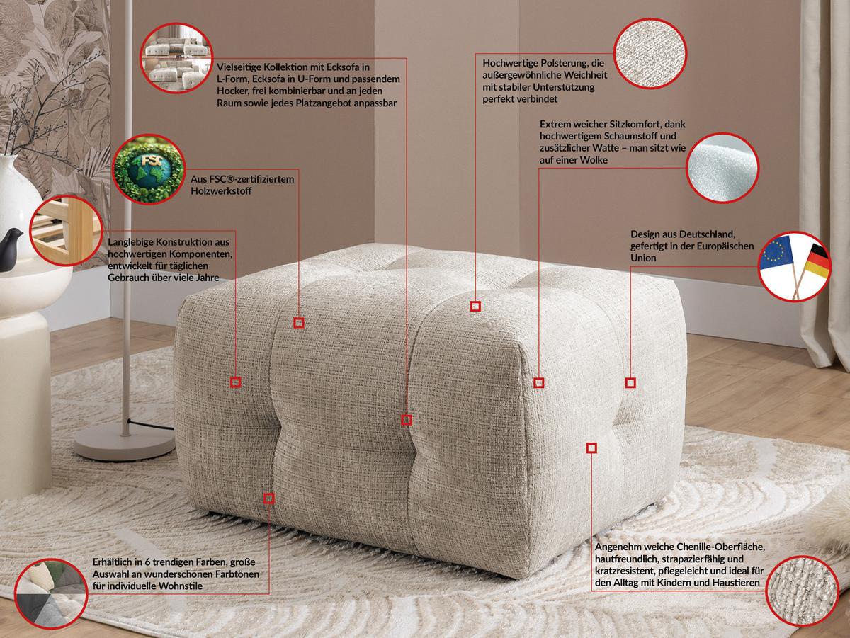 POLSTERHOCKER Kozy im Bumpy-Design aus weichem Dunkelbeige Chenille-Stoff - Beige/Schwarz, Holz/Textil (87/46/68cm) - S-Style Möbel