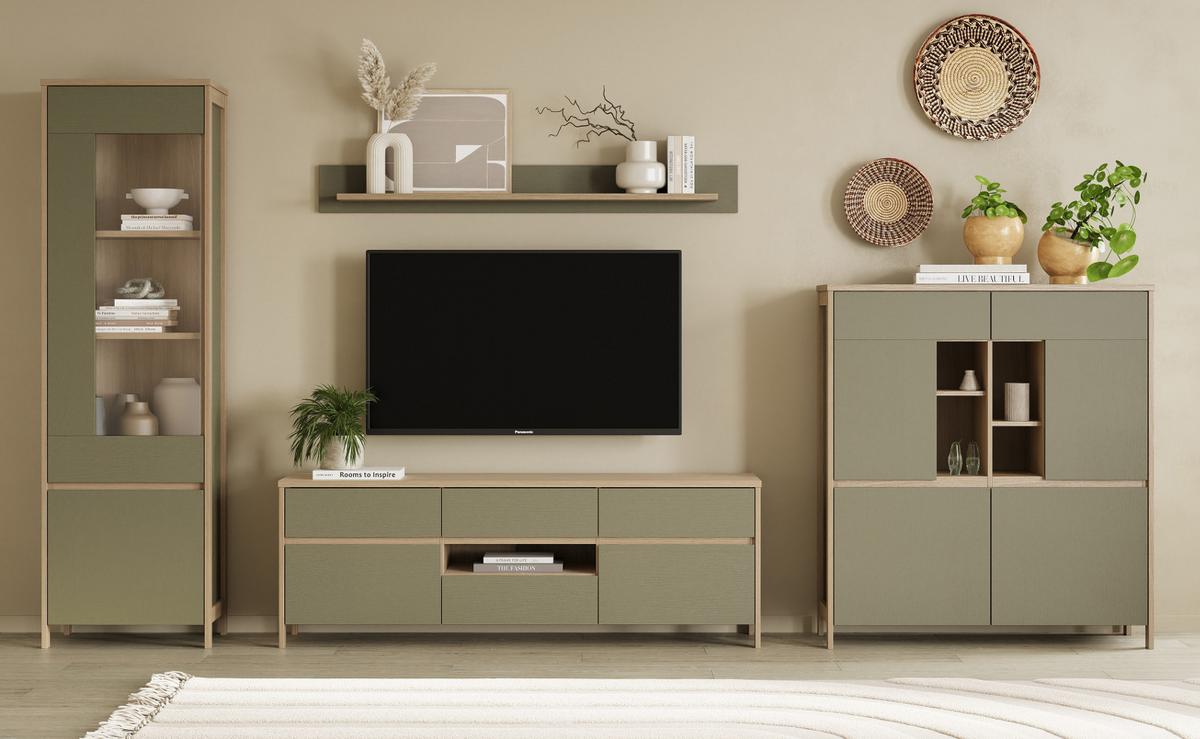 TV-LOWBOARD Salbei Grün, Eiche, TV Unterschrank skandinavisch 164 x 58 cm, Soft-Close - Salbeigrün/Eichefarben, Holzwerkstoff/Metall (164/58/39cm) - Furn.Design