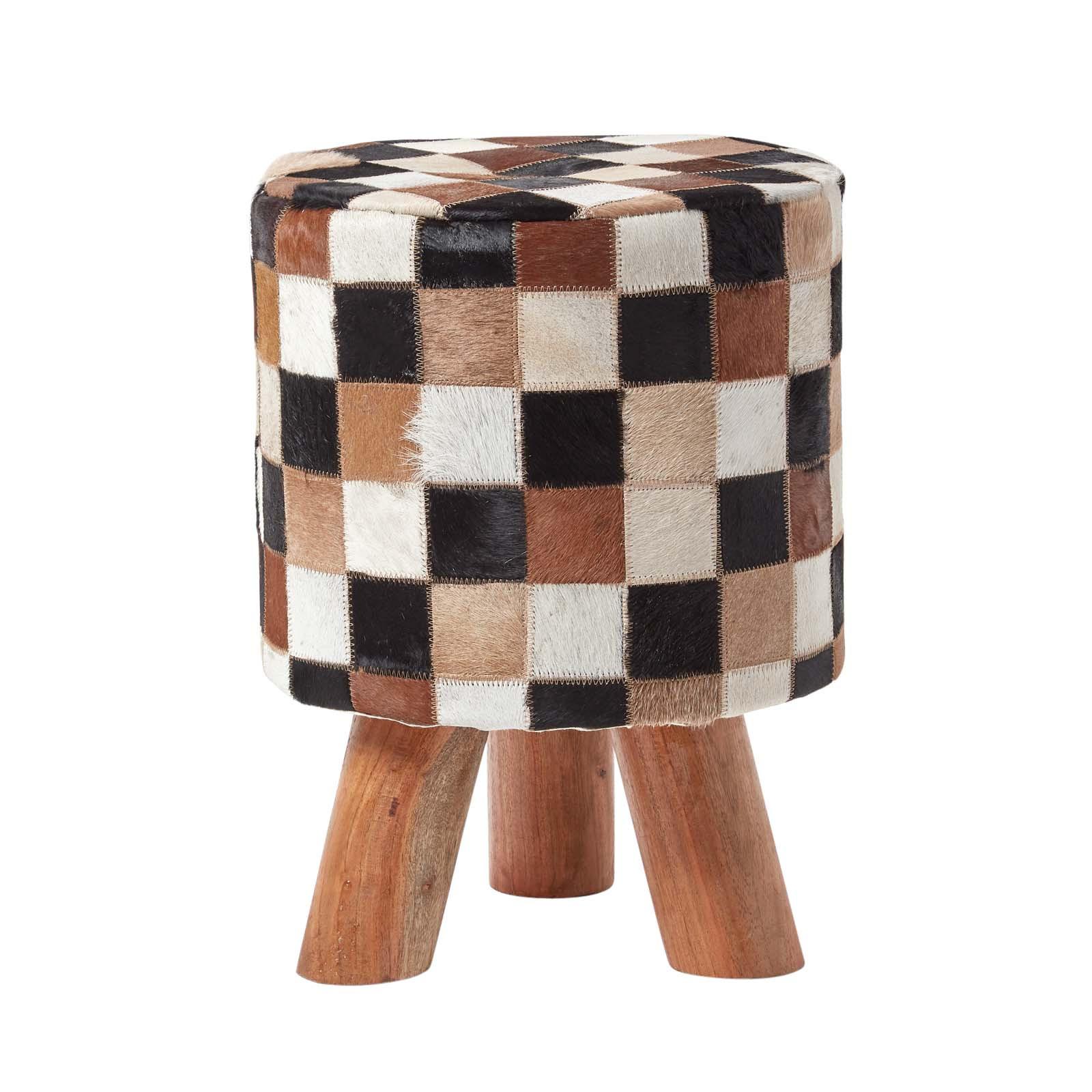 PATCHWORK-HOCKER Fell mit Holzbeinen, 32/32/42 cm - Braun, Leder (32/42/32cm) - Homescapes