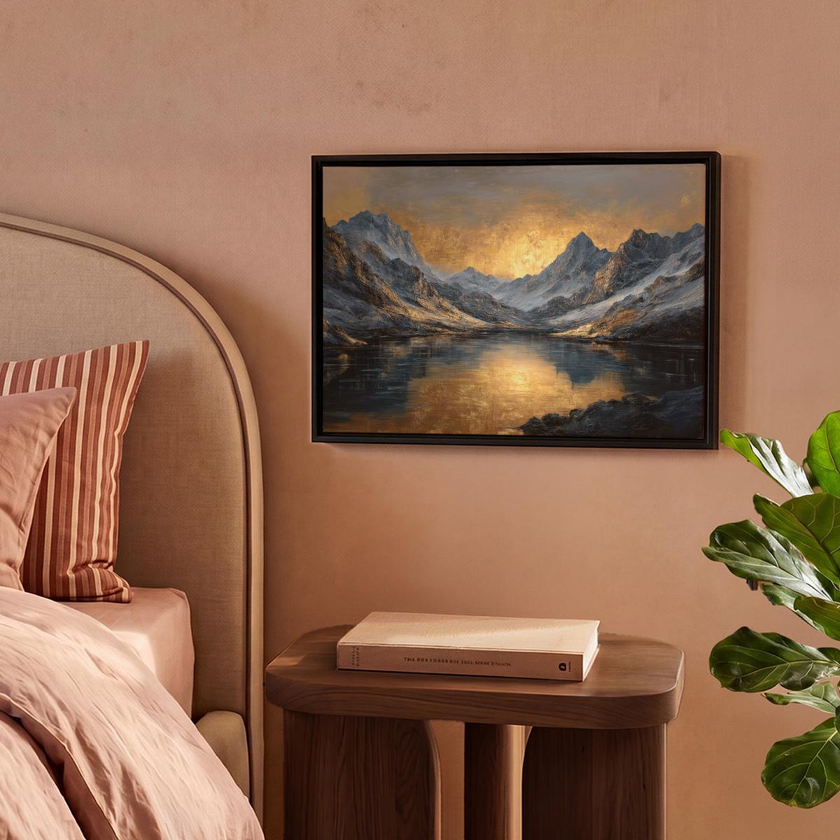 LEINWAND Bilder mit Rahmen - Bergkulisse mit goldenem Sonnenuntergang - 40x30 - Goldfarben, Textil (40/30cm) - MuchoWow