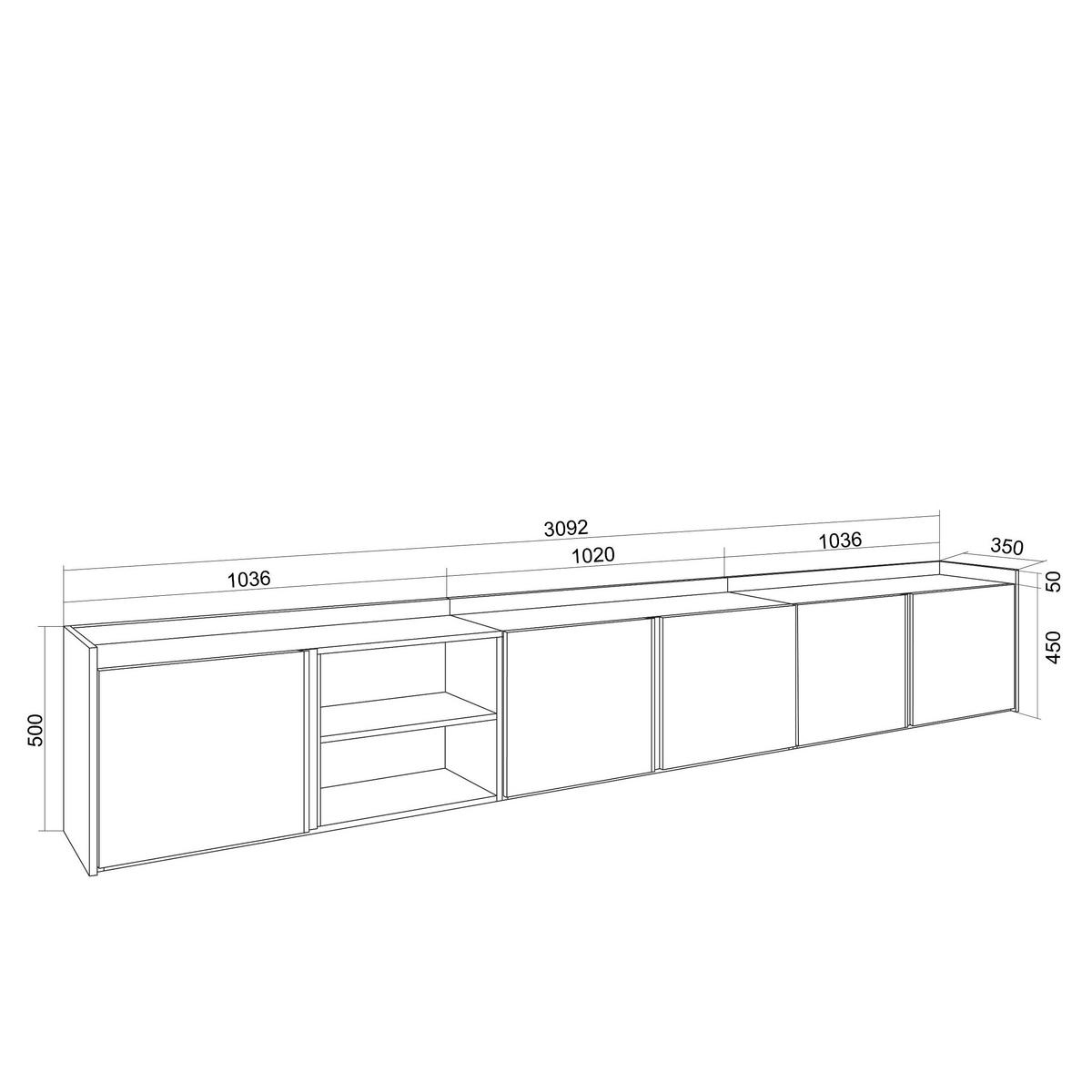 LOWBOARD, Weiß und Eiche, 309/35/50cm, mit Led - Weiß, Holzwerkstoff (309/50/35cm) - Skraut Home