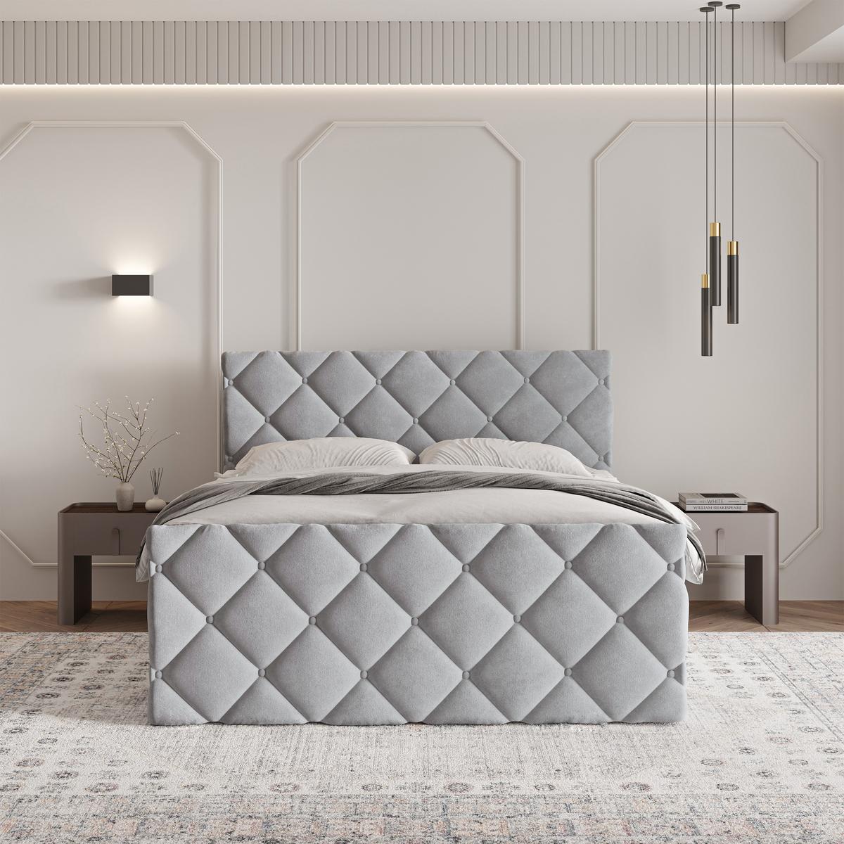BOXBETT ROVARI 160x200 cm mit Matratze und Topper - Hellgrau - Hellgrau, Holz (160/200cm) - MASSENO