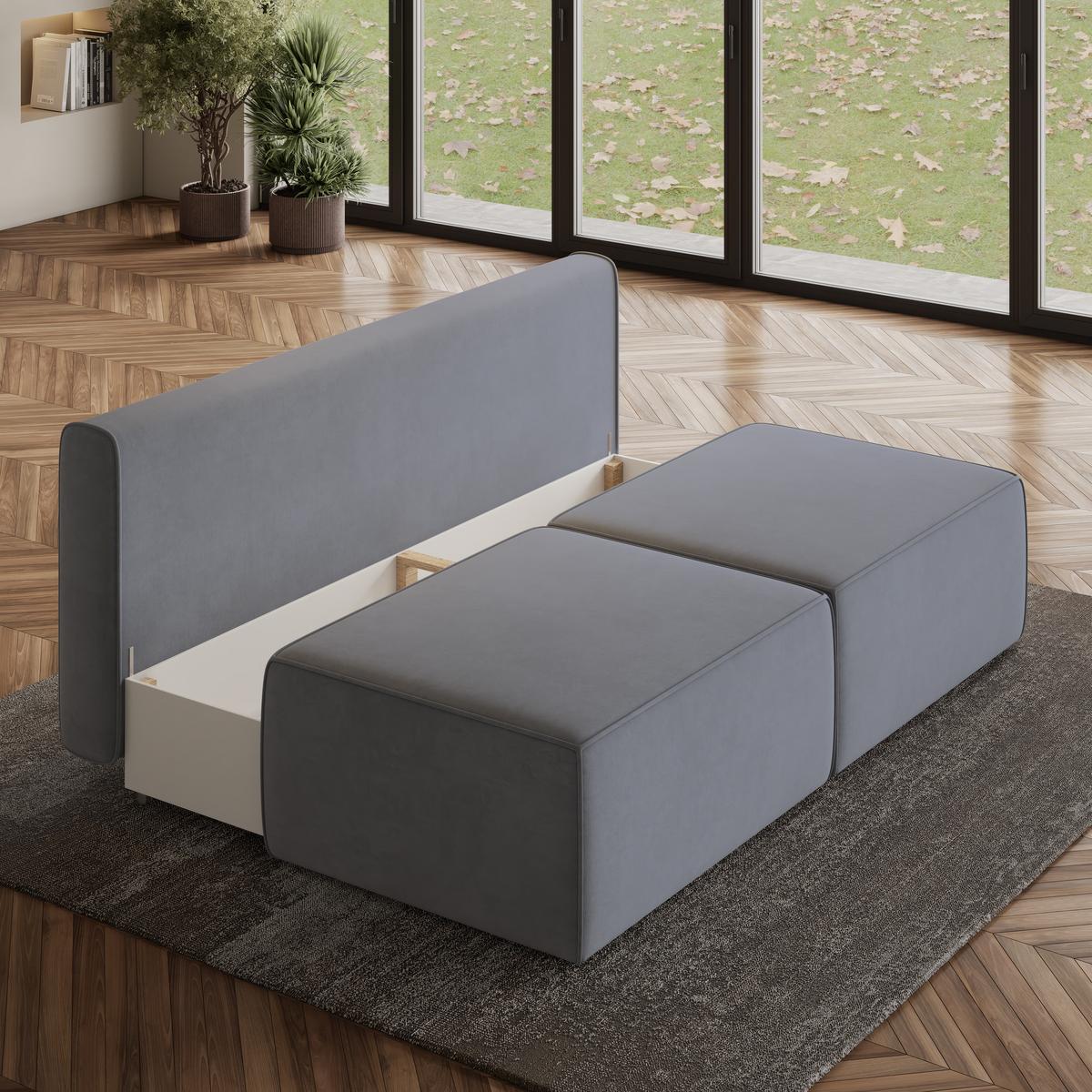 ECKSOFA VARNA M Grau Velours-Stoff mit Schlaffunktion - Grau, Holz/Kunststoff (196/158cm) - MASSENO