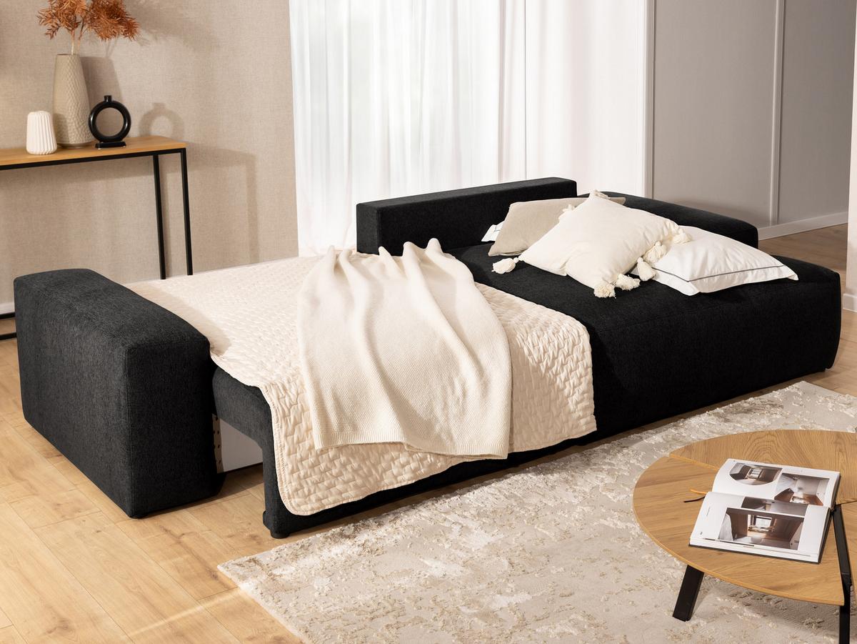 ECKSOFA inkl. Hocker Lennon aus Schwarz Strukturstoff mit Schlaffunktion und Bettkasten - Schwarz, Holz/Kunststoff (264/137cm) - S-Style