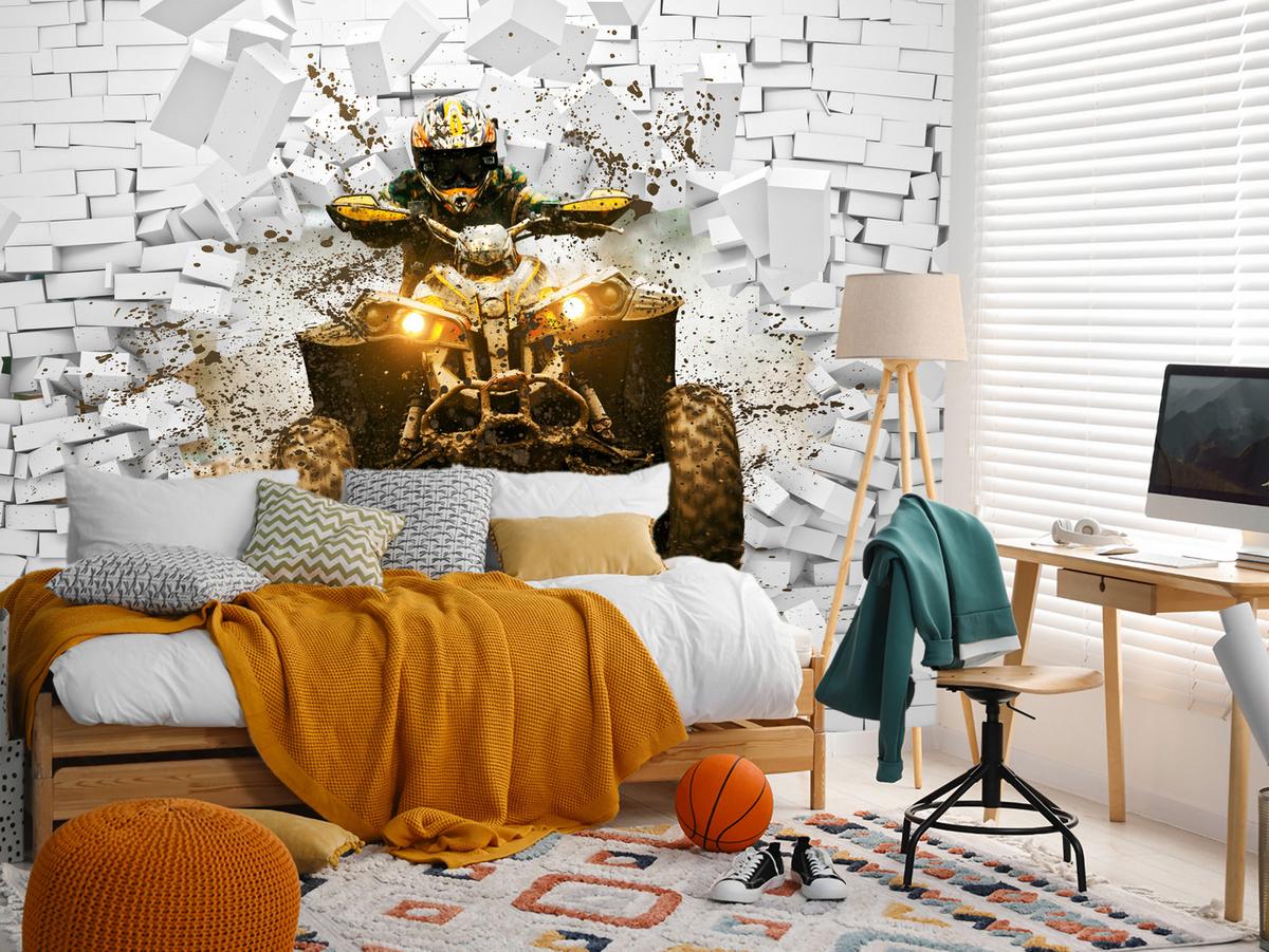 FOTOTAPETE für Büro Schlammbedecktes Quad Durchbricht Backsteinmauer 350x256 - Gelb/Beige, Papier (350/256cm) - Muralo