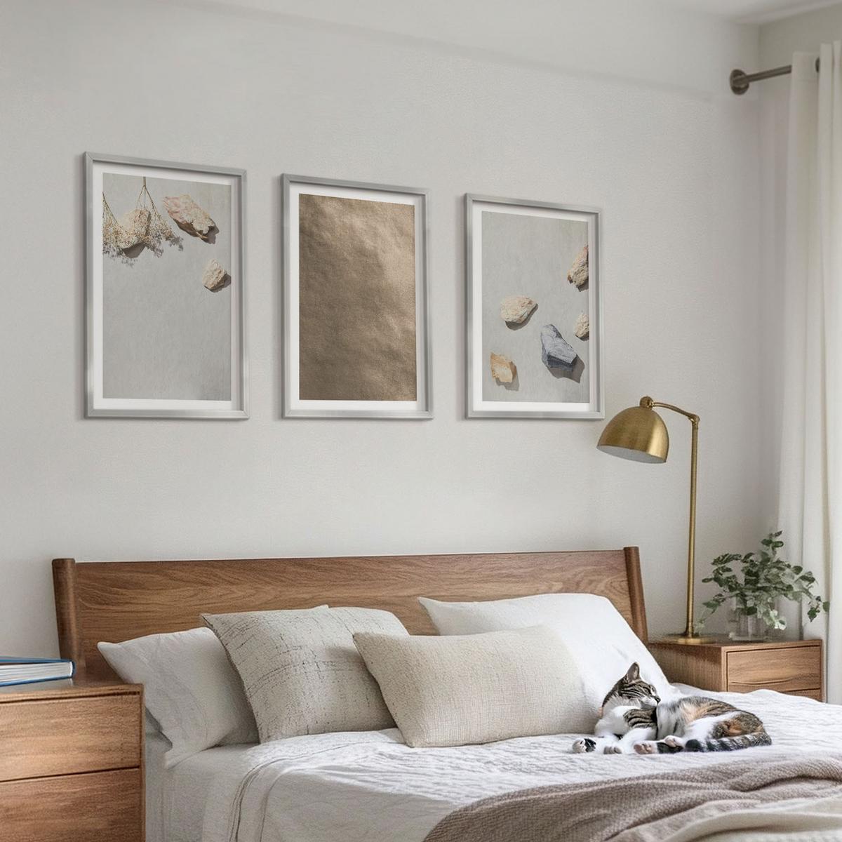 BILDER SET 3er Set - 40x60 cm Silberner Rahmen - Steine Strand natürliche Strukturen - Silberfarben, Kunststoff (40/60cm) - TULUP