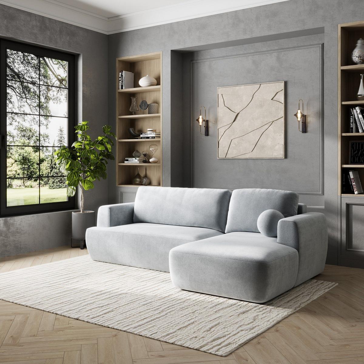 ECKSOFA SENTI K R-S Hellgrau Plüsch-Stoff mit Schlaffunktion - Hellgrau/Schwarz, Holz/Kunststoff (246/148cm) - MASSENO