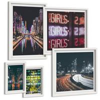 BILDER SET 5er Set - 50x50 cm & 20x30 cm & 40x60 cm Weißer Rahmen - Neonreklamen in der Stadt bei Nacht - Weiß, Kunststoff (40/60cm) - TULUP