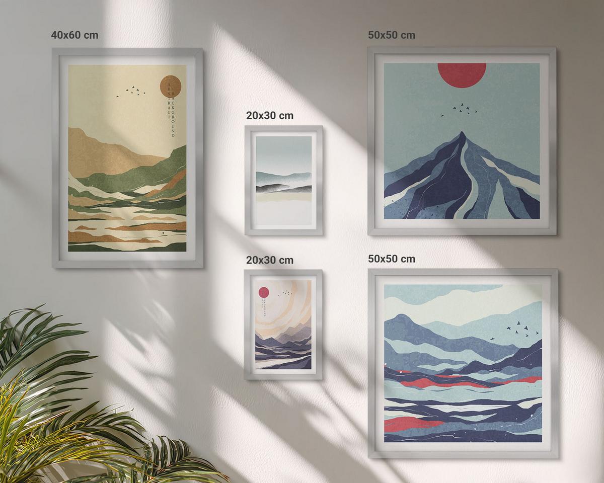 BILDER SET 5er Set - 50x50 cm & 20x30 cm & 40x60 cm Silberner Rahmen - Berge minimalistische Pastellfarben - Silberfarben, Kunststoff (40/60cm) - TULUP