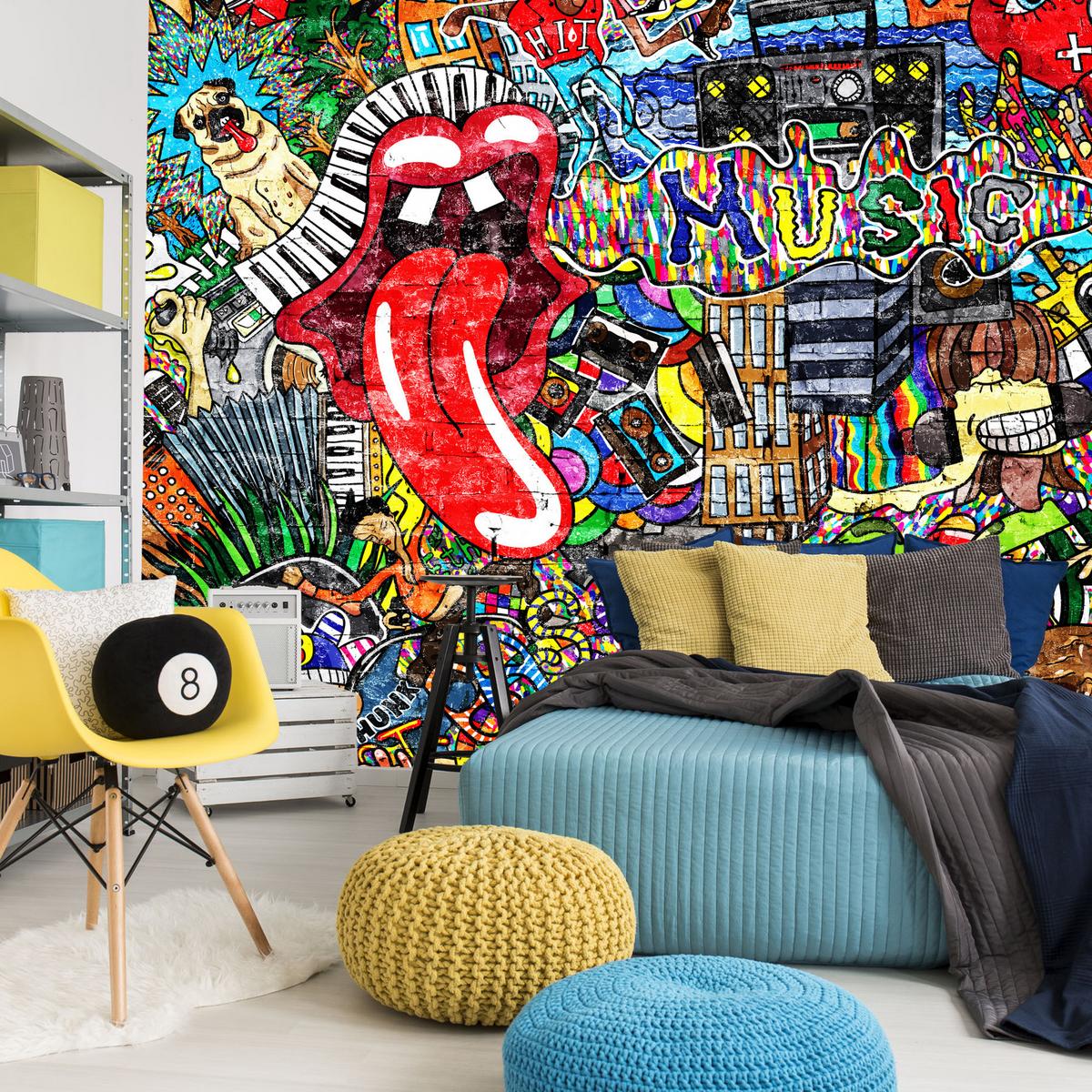 FOTOTAPETE für Jugendzimmer GRAFFITI Musik Abstrakt Farben 100x70 - Blau/Gelb, Papier (100/70cm) - Muralo