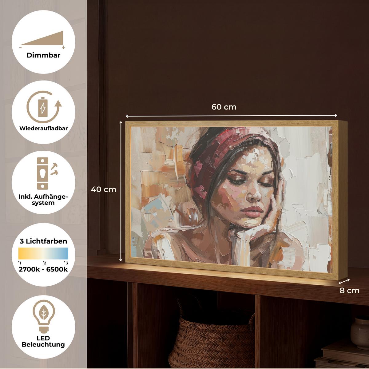 WANDLEUCHTE MIT AKKU Frau - Lackierung - Porträt - Modern 60x40 cm - Braun, Holzwerkstoff (60/40/8cm) - OnlyWow