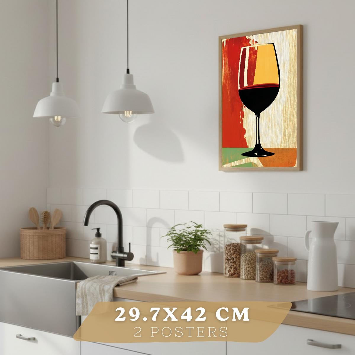 POSTER 2er Set Küchen-Wandbilder Rotwein und Pasta Vintage Retro Esszimmer Wanddeko Rahmenlos A3 - Beige, Papier (29.7/1/42cm) - Nacnic