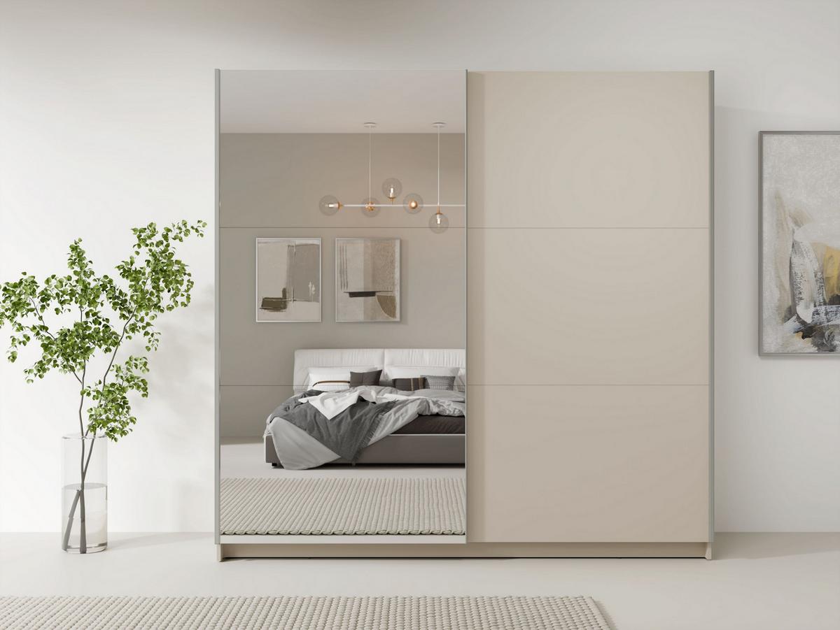 SCHWEBETÜRENSCHRANK BELDEN 150,6/207/55,3cm 2-türig mit Spiegel Sandbeige - Sandfarben, Holzwerkstoff (150.6/207/55.3cm) - MASSENO