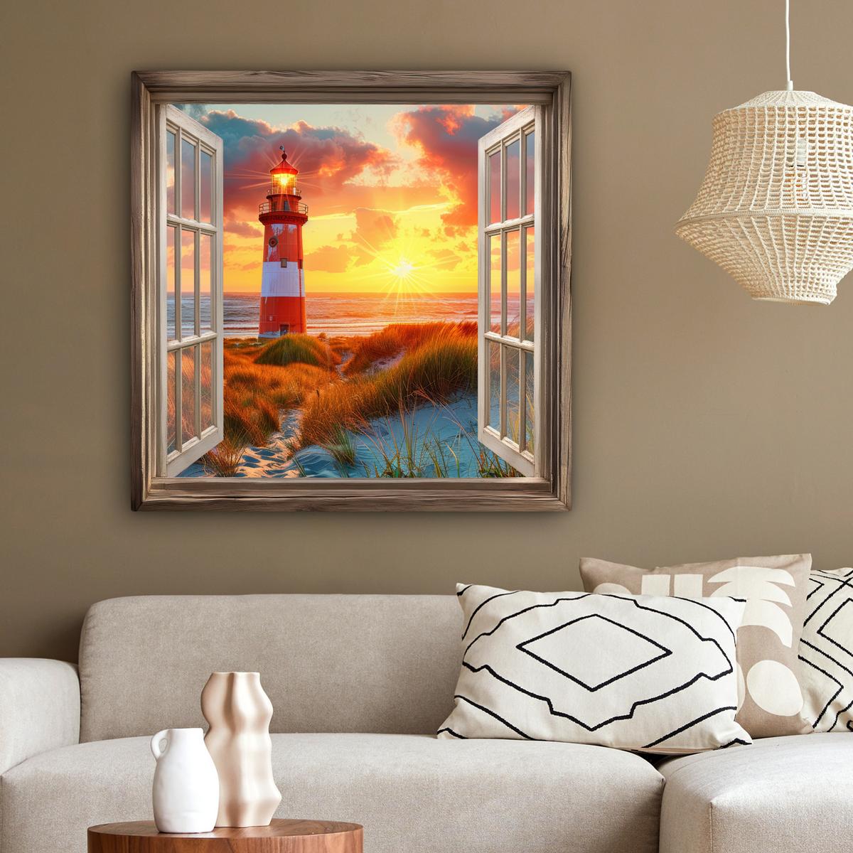 LEINWANDBILD Aussicht - Fenster - Leuchtturm - Sonnenuntergang - Strand Deko Groß 90x90 cm - Dunkelorange, Textil (90/90cm) - MuchoWow