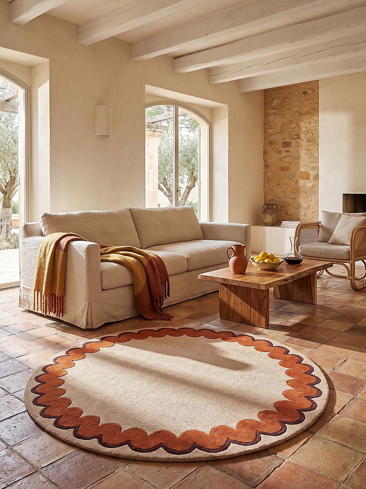 WOLLTEPPICH handgetuftet WAVENEY, Zickzack-Wellenbordüre, Orange, Ø 160 cm - Orange, Textil (160/160cm) - KADIMA DESIGN