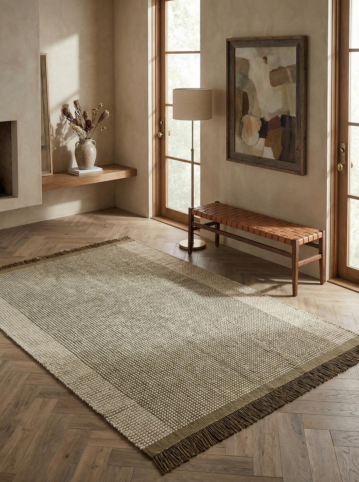 WOLLTEPPICH handgewebt mit Fransen PISA, geometrisch, Olivgrün, 160 x 230 cm - Beige, Textil (230/160cm) - KADIMA DESIGN