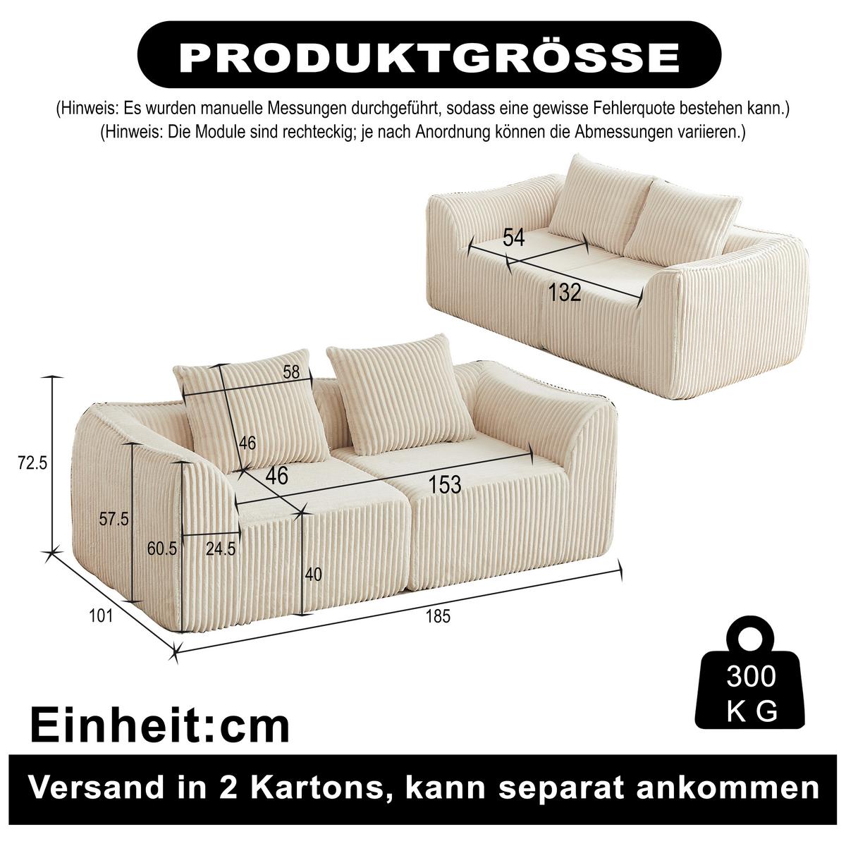 2-SITZER SOFA Cord Minimalistisch & Modular - Beige, Textil (185/72.5/101cm) - Urban Meuble