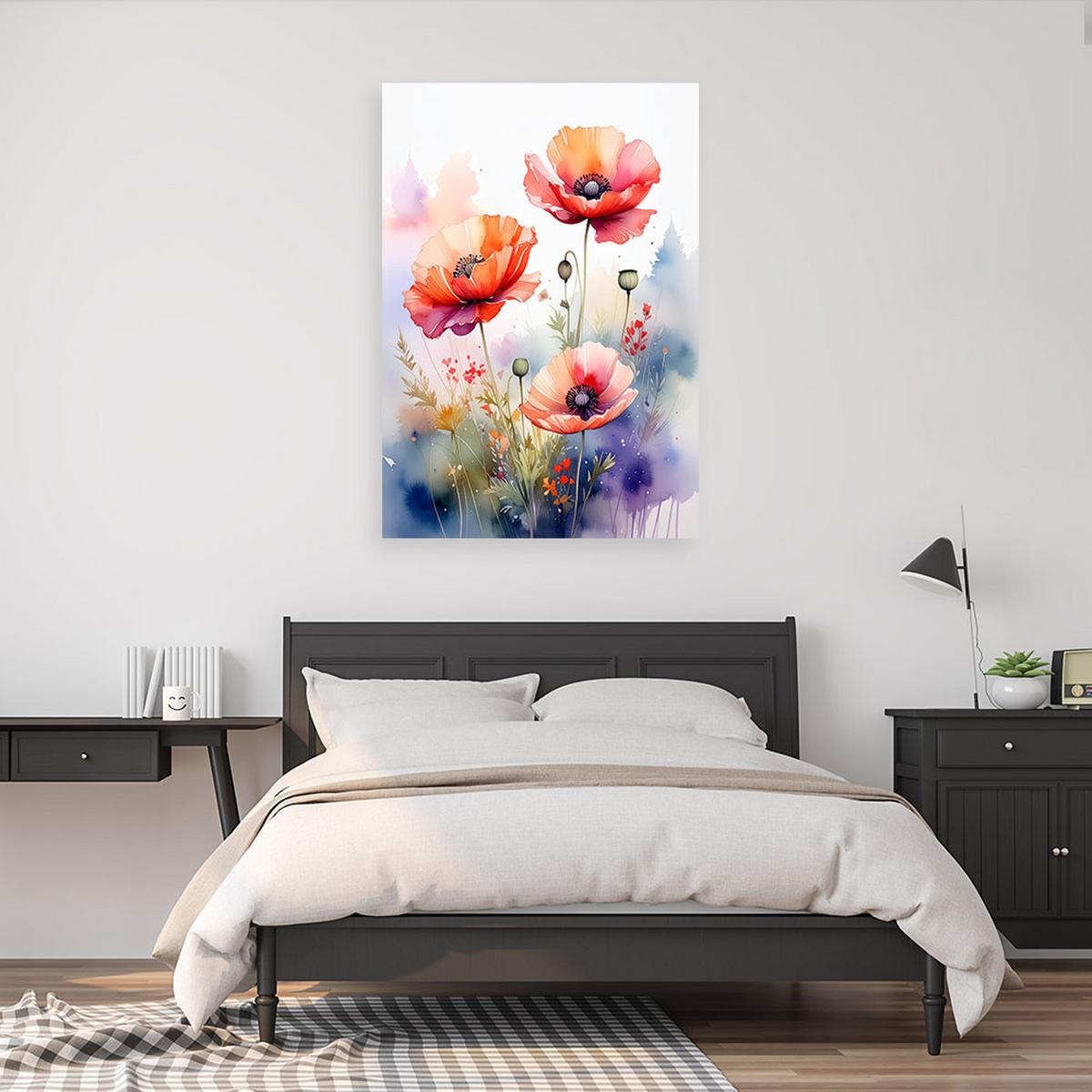 WANDBILD, Rote Mohnblumen pastellfarbene Feldblumen - Multicolor, Textil (60/90cm) - Feeby