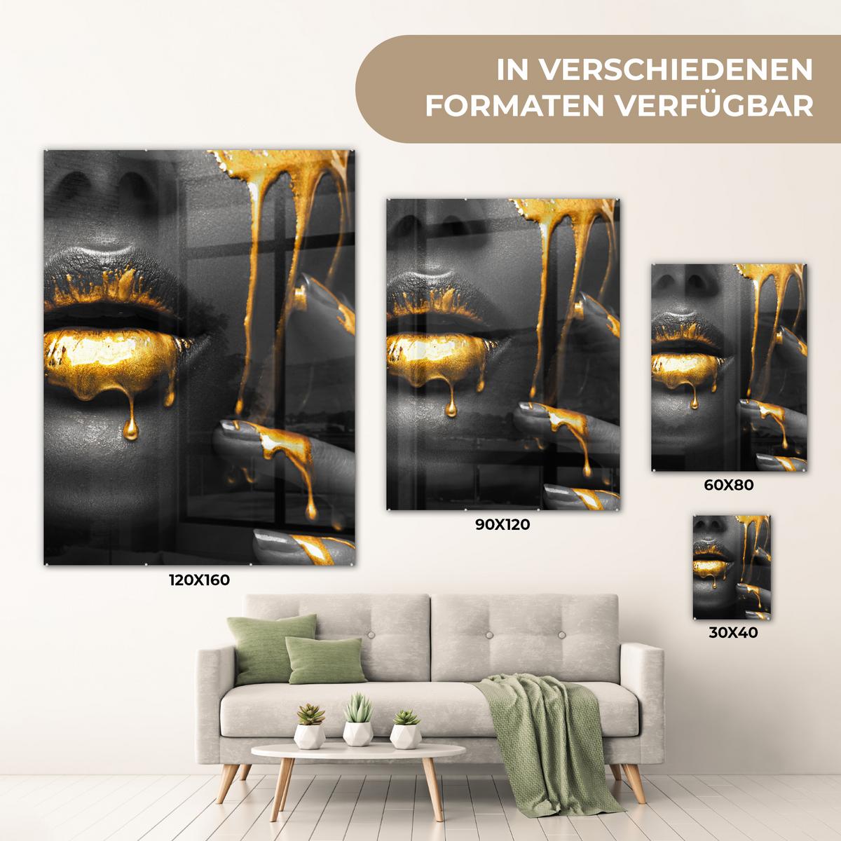 ACRYLGLASBILD Frau - Schwarz - Gold - Gesicht - Lippen 60x80 cm - Goldfarben, Glas (60/80cm) - MuchoWow
