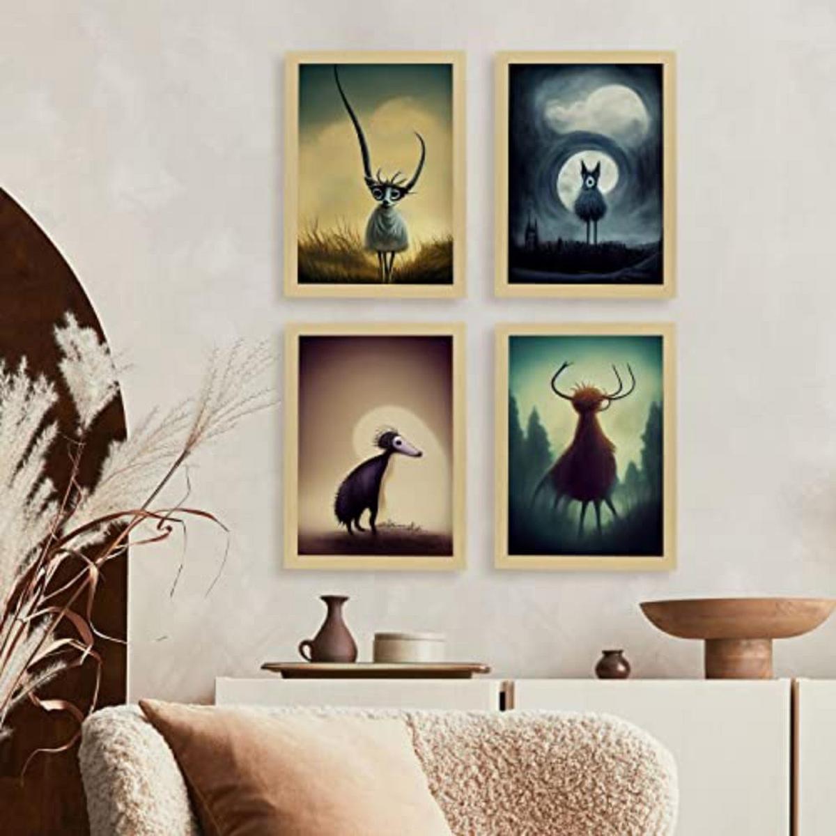 POSTER Set mit 4 Wald Tier im T Burton Goth Stil A4 Schwarzer Rahmen - Schwarz, Papier (29.7/3cm) - Nacnic
