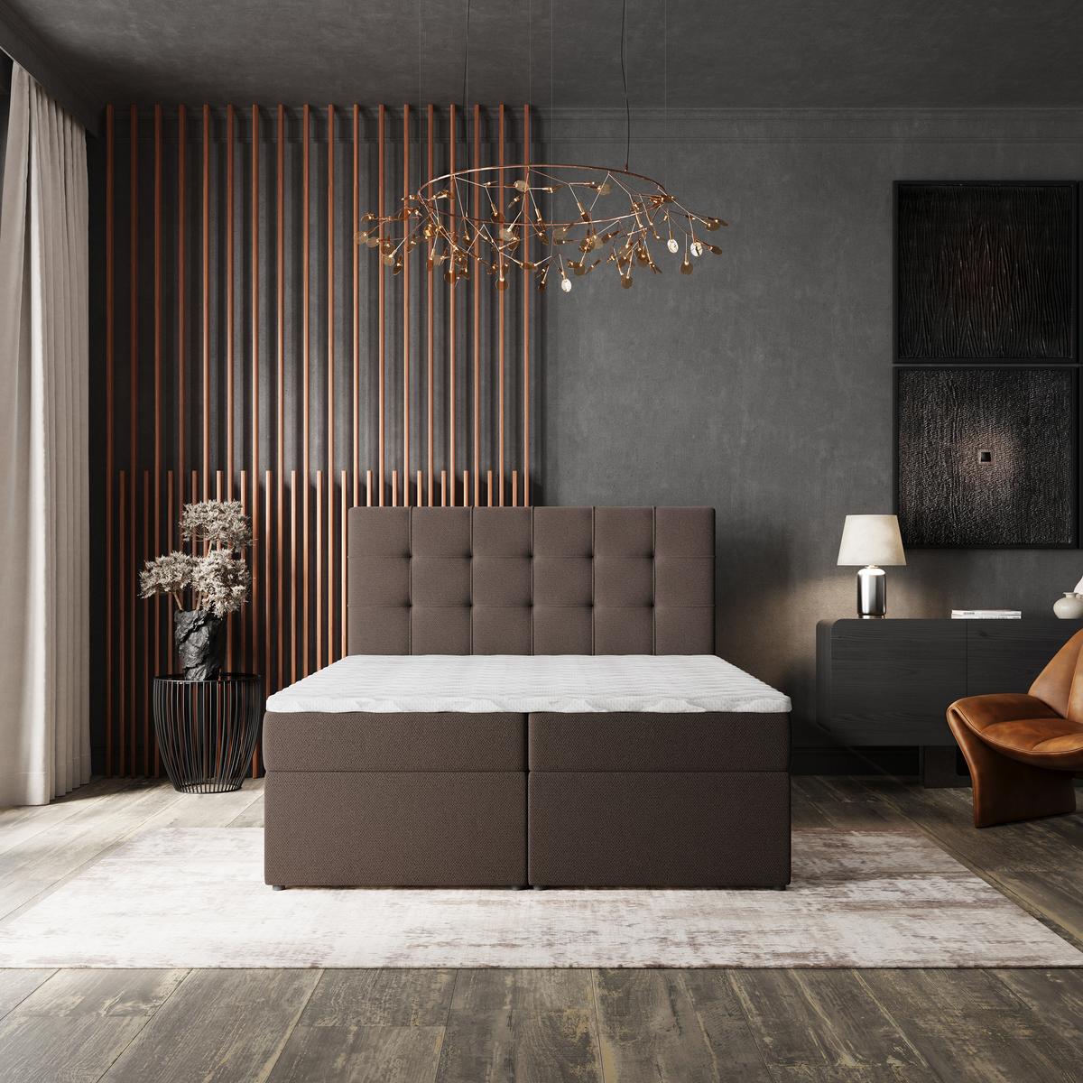 BOXBETT PALMA 160x200 cm mit Matratze und Topper, H2+H3 - Braun - Braun, Holz (160/200cm) - MASSENO