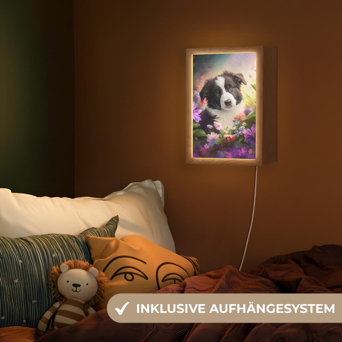 NACHTTISCHLAMPE Welpe - Sonne - Blumen - Natur - Border Collie - Hund 20x30 cm - Violett, Holzwerkstoff (8/20/30cm) - OnlyWow