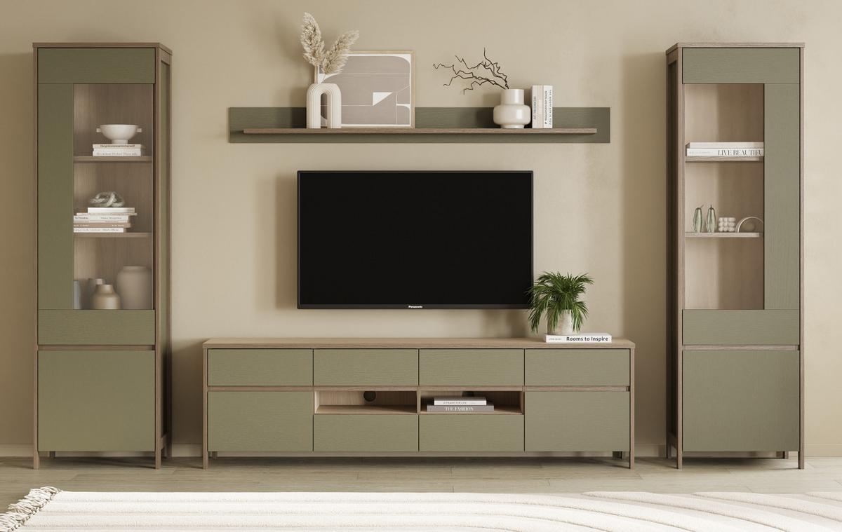 WOHNWAND Salbei grün, Eiche, Wohnkombination skandinavisch 4-teilig 339 cm, Soft-Close - Salbeigrün/Eichefarben, Glas/Holzwerkstoff (339/195/39cm) - Furn.Design