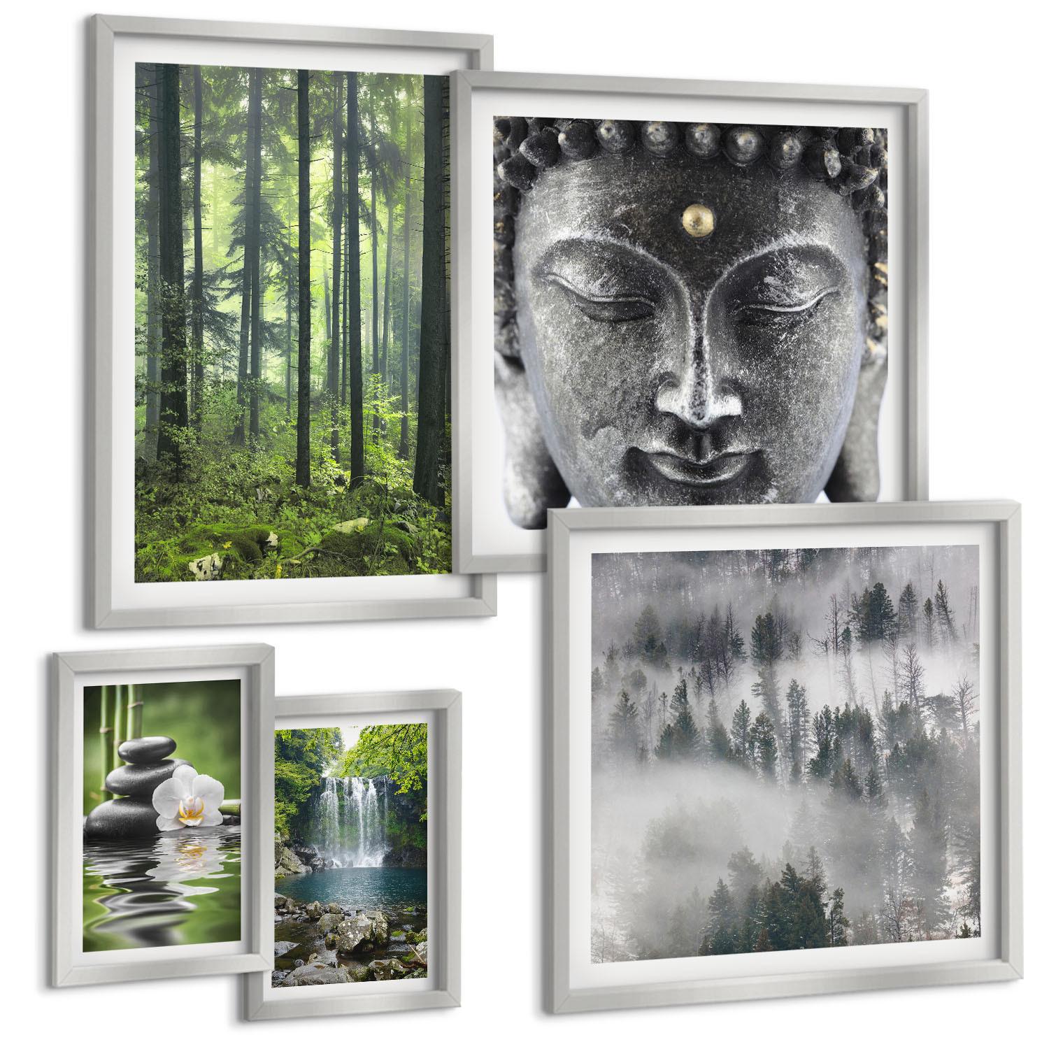 BILDER SET 5er Set - 50x50 cm & 20x30 cm & 40x60 cm Silberner Rahmen - Harmonie der Natur, Steine, Wasser, Buddha - Silberfarben, Kunststoff (40/60cm) - TULUP