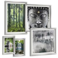 BILDER SET 5er Set - 50x50 cm & 20x30 cm & 40x60 cm Silberner Rahmen - Harmonie der Natur, Steine, Wasser, Buddha - Silberfarben, Kunststoff (40/60cm) - TULUP