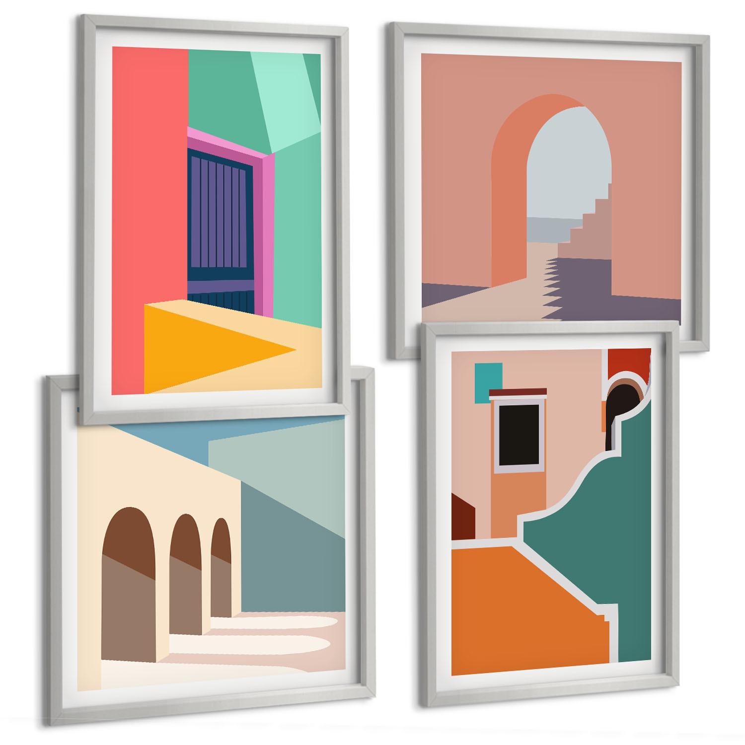 BILDER SET 4er Set - 50x50 cm & 40x60 cm Silberner Rahmen - Farbenfrohe Illustrationen der Stadt - Silberfarben, Kunststoff (50/50cm) - TULUP